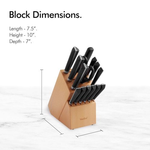  VonShef Japanese Stainless Steel Knife Block Set, Including Chef’s, Paring, Carving, Bread, Utility and 6 Steak Knives with Scissors and Knife Sharpener, 15pc Set