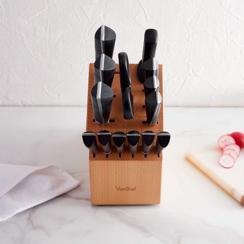  VonShef Japanese Stainless Steel Knife Block Set, Including Chef’s, Paring, Carving, Bread, Utility and 6 Steak Knives with Scissors and Knife Sharpener, 15pc Set