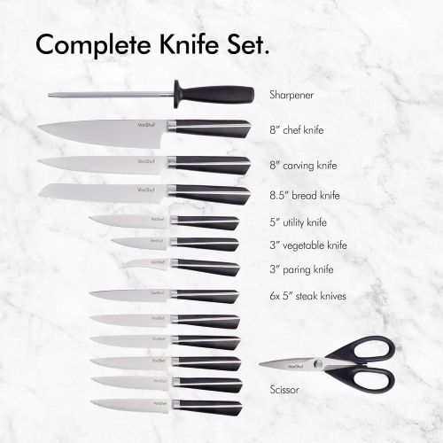  VonShef Japanese Stainless Steel Knife Block Set, Including Chef’s, Paring, Carving, Bread, Utility and 6 Steak Knives with Scissors and Knife Sharpener, 15pc Set