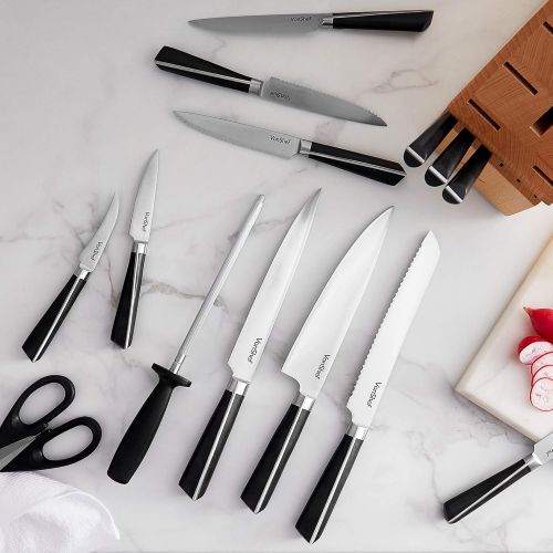  VonShef Japanese Stainless Steel Knife Block Set, Including Chef’s, Paring, Carving, Bread, Utility and 6 Steak Knives with Scissors and Knife Sharpener, 15pc Set