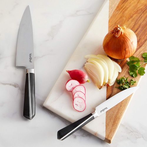  VonShef Japanese Stainless Steel Knife Block Set, Including Chef’s, Paring, Carving, Bread, Utility and 6 Steak Knives with Scissors and Knife Sharpener, 15pc Set