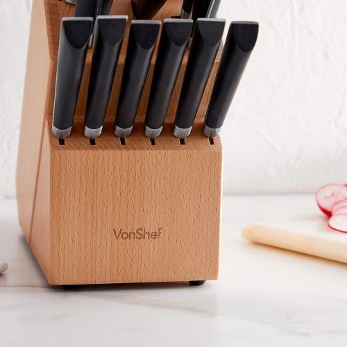  VonShef Japanese Stainless Steel Knife Block Set, Including Chef’s, Paring, Carving, Bread, Utility and 6 Steak Knives with Scissors and Knife Sharpener, 15pc Set