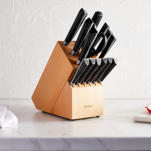  VonShef Japanese Stainless Steel Knife Block Set, Including Chef’s, Paring, Carving, Bread, Utility and 6 Steak Knives with Scissors and Knife Sharpener, 15pc Set