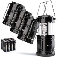 Vont 4 Pack LED Camping Lantern, LED Lantern, Suitable for Survival Kits for Hurricane, Emergency Light, Storm, Outages, Outdoor Portable Lanterns, Black, Collapsible, (Batteries I