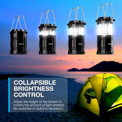  Vont 4 Pack LED Camping Lantern, LED Lantern, Suitable for Survival Kits for Hurricane, Emergency Light, Storm, Outages, Outdoor Portable Lanterns, Black, Collapsible, (Batteries I