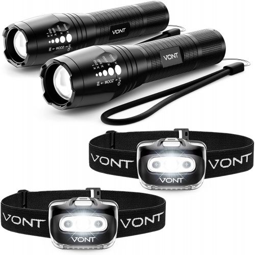  Vont Adventure for 2 Bundle - 2-Pack Flashlight + 2-Pack Spark Headlamps - Lighting Pack for All Your Outdoor Adventures - Reliable Lighting Partner for Emergencies - Water & Press