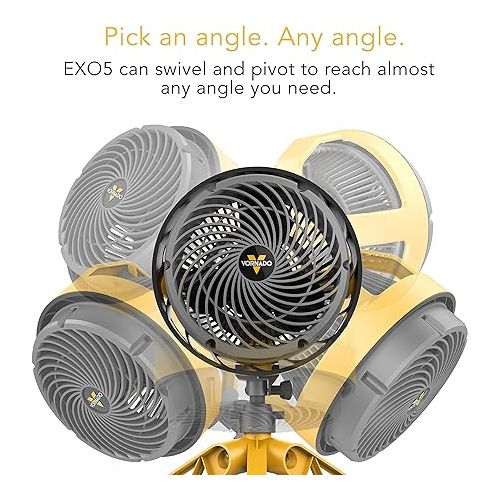 보네이도 Vornado EXO5 Heavy-Duty Shop Air Circulator Fan with High-Impact Housing, Collapsible Tripod Base, Clamp Attachment, Yellow, 7 In.