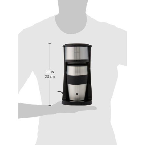  Vremi Single Cup Coffee Maker - Includes 14 Ounce Travel Coffee Mug and Reusable Filter - Personal 1 Cup Drip Coffee Maker to Brew Ground Beans - Black and Silver Single Serve One