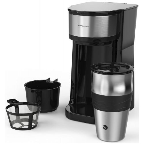  Vremi Single Cup Coffee Maker - Includes 14 Ounce Travel Coffee Mug and Reusable Filter - Personal 1 Cup Drip Coffee Maker to Brew Ground Beans - Black and Silver Single Serve One