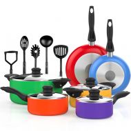 Vremi 15 Piece Nonstick Cookware Set - Kitchen Pots and Pans and Cooking Utensil - Sets of 4 Non Stick Stock or Sauce Pot and 2 Frying Pan for Camping - Yellow Blue Red Purple Gree