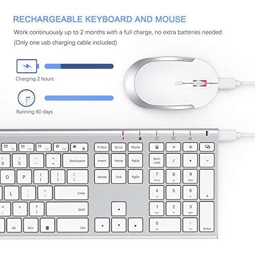  [아마존베스트]Wireless Keyboard and Mouse, Vssoplor 2.4GHz Rechargeable Compact Quiet Full-Size Keyboard and Mouse Combo with Nano USB Receiver for Windows, Laptop, PC, Notebook-White and Silver