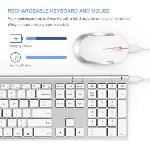  [아마존베스트]Wireless Keyboard and Mouse, Vssoplor 2.4GHz Rechargeable Compact Quiet Full-Size Keyboard and Mouse Combo with Nano USB Receiver for Windows, Laptop, PC, Notebook-White and Silver