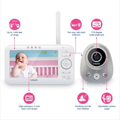 브이텍 VTech VM352 5 Digital Video Baby Monitor with Wide-Angle Lens and Standard Lens, Silver & White