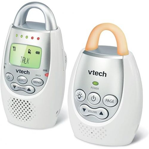 브이텍 VTech DM221 Audio Baby Monitor with up to 1,000 ft of Range, Vibrating Sound-Alert, Talk Back Intercom & Night Light Loop, White/Silver