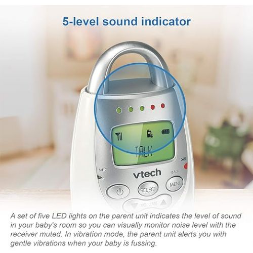 브이텍 VTech DM221 Audio Baby Monitor with up to 1,000 ft of Range, Vibrating Sound-Alert, Talk Back Intercom & Night Light Loop, White/Silver
