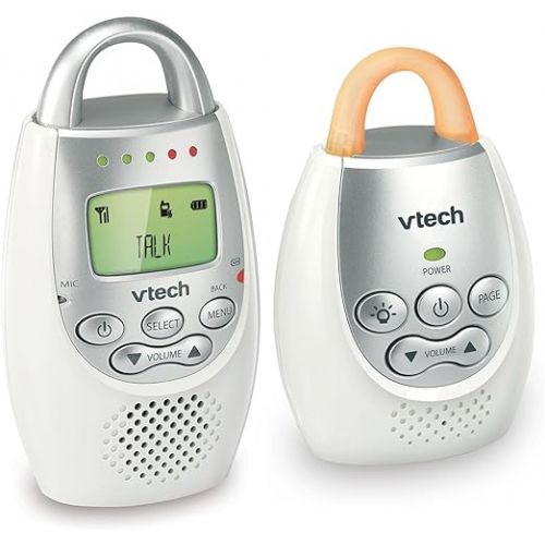 브이텍 VTech DM221 Audio Baby Monitor with up to 1,000 ft of Range, Vibrating Sound-Alert, Talk Back Intercom & Night Light Loop, White/Silver