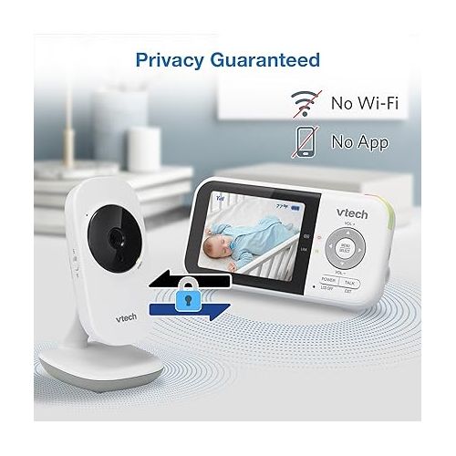 브이텍 VTech VM819 Baby Monitor, 2.8” Screen, Night Vision, 2-Way Audio, Temperature Sensor and Lullabies, Secure Transmission No WiFi