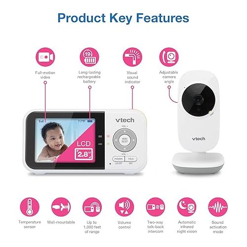 브이텍 VTech VM819 Baby Monitor, 2.8” Screen, Night Vision, 2-Way Audio, Temperature Sensor and Lullabies, Secure Transmission No WiFi