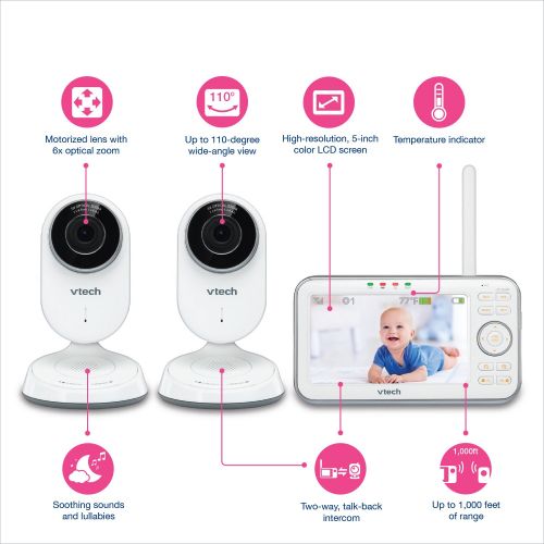 브이텍 VTech VM5271-2 Video Baby Monitor with 5-inch Screen, Motorized Lens with 6X Optical Zoom, Soothing Sounds & Lullabies, Temperature Sensor & 1,000 feet of Range with 2 Cameras