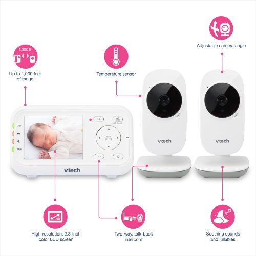 브이텍 VTech VM3252-2 2.8” Digital Video Baby Monitor with 2 Cameras and Automatic Night Vision, White