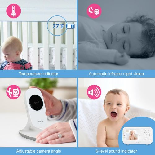 브이텍 VTech VM3252-2 2.8” Digital Video Baby Monitor with 2 Cameras and Automatic Night Vision, White