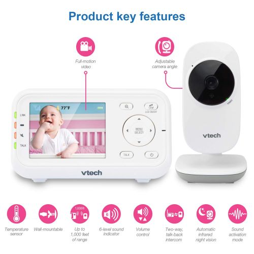 브이텍 VTech VM3252 2.8” Digital Video Baby Monitor with Full-Color and Automatic Night Vision, White