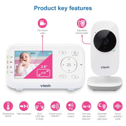 브이텍 VTech VM3252 2.8” Digital Video Baby Monitor with Full-Color and Automatic Night Vision, White