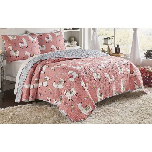  Vue Llama Drama 3-Piece Reversible Quilt Set, King, Coral