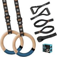 Vulken Wooden Gymnastic Rings with Adjustable Numbered Straps. 1.25 Olympic Rings for Core Workout, Crossfit, Bodyweight Training. Home Gym Rings with 8.5ft Exercise Straps and Wor
