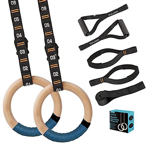  Vulken Wooden Gymnastic Rings with Adjustable Numbered Straps. 1.25 Olympic Rings for Core Workout, Crossfit, Bodyweight Training. Home Gym Rings with 8.5ft Exercise Straps and Wor
