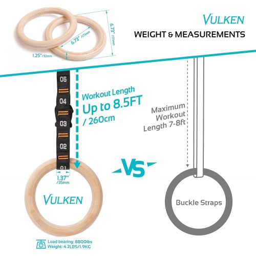  Vulken Wooden Gymnastic Rings with Adjustable Numbered Straps. 1.25 Olympic Rings for Core Workout, Crossfit, Bodyweight Training. Home Gym Rings with 8.5ft Exercise Straps and Wor