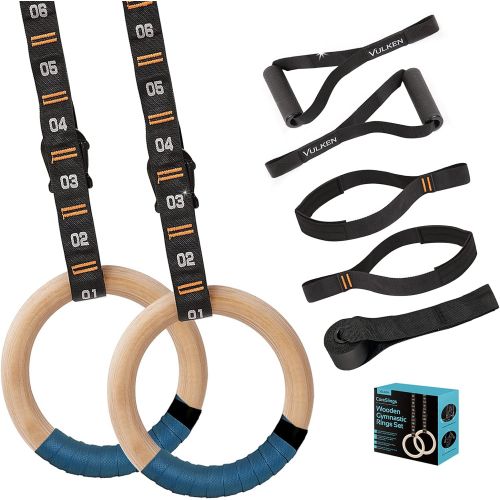  Vulken Wooden Gymnastic Rings with Adjustable Numbered Straps. 1.25 Olympic Rings for Core Workout, Crossfit, Bodyweight Training. Home Gym Rings with 8.5ft Exercise Straps and Wor