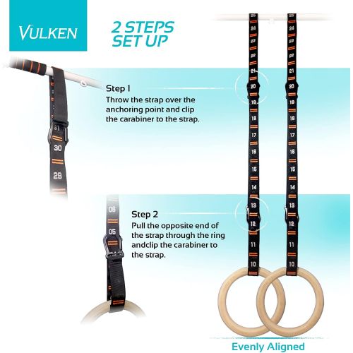  Vulken Wooden Gymnastic Rings with Adjustable Numbered Straps. 1.25 Olympic Rings for Core Workout, Crossfit, Bodyweight Training. Home Gym Rings with 8.5ft Exercise Straps and Wor