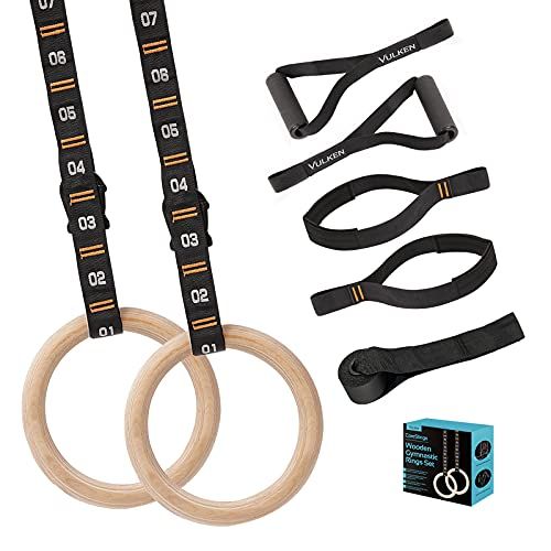  Vulken Wooden Gymnastic Rings with Adjustable Numbered Straps. 1.1 Olympic Rings for Core Workout and Bodyweight Training. Home Gym Rings 1600lbs with Workout Handles