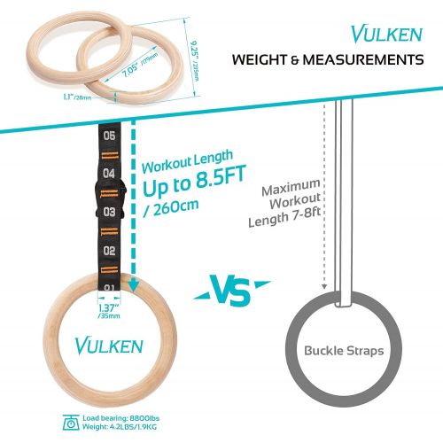  Vulken Wooden Gymnastic Rings with Adjustable Numbered Straps. 1.1 Olympic Rings for Core Workout and Bodyweight Training. Home Gym Rings 1600lbs with Workout Handles