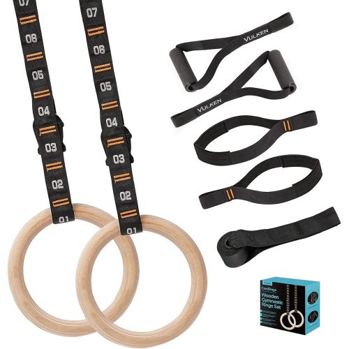  Vulken Wooden Gymnastic Rings with Adjustable Numbered Straps. 1.1 Olympic Rings for Core Workout and Bodyweight Training. Home Gym Rings 1600lbs with Workout Handles