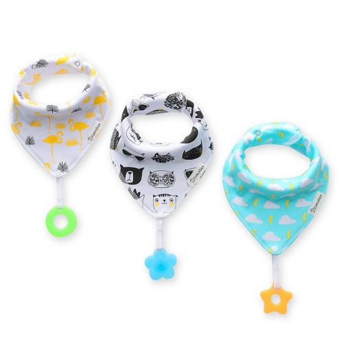  Baby Bandana Drool Bibs 3-Pack and Teething Toys 3-Pack Made with 100% Organic Cotton, Super Absorbent and Soft Unisex (Vuminbox) (White)