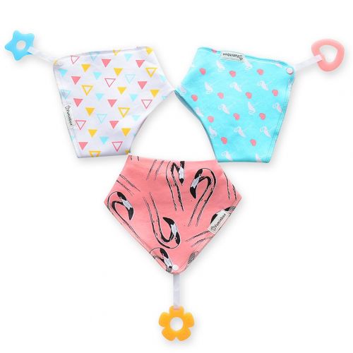  Baby Bandana Drool Bibs 3-Pack and Teething Toys 3-Pack Made with 100% Organic Cotton, Super Absorbent and Soft Unisex (Vuminbox) (White)