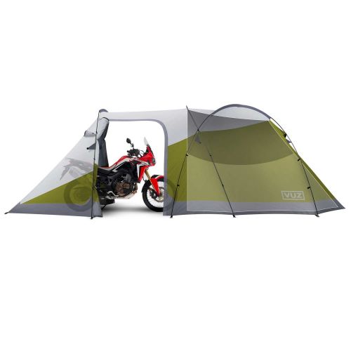  Vuz Moto 12 Foot Waterproof Motorcycle Tent With Integrated 3-Person Tent Space - 4 Points of Entrance. Waterproof Motorcycle Camping Shelter!