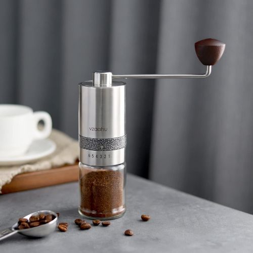  Vzaahu Manual Coffee Grinder with Lid Stainless Steel Fast Grind Conical Burr with Adjustable Setting Coffee Lover Gift - Travel Portable Hand Grinder for Aeropress Espresso French