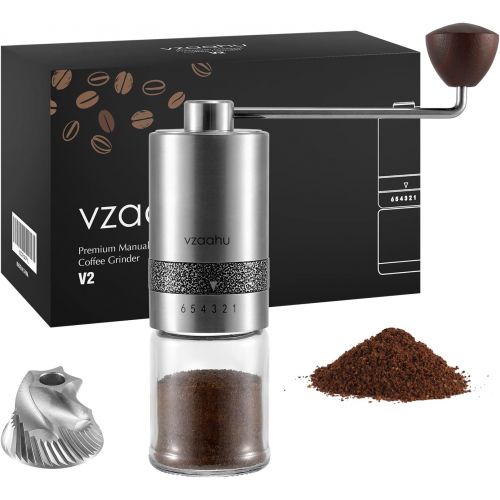  Vzaahu Manual Coffee Grinder with Lid Stainless Steel Fast Grind Conical Burr with Adjustable Setting Coffee Lover Gift - Travel Portable Hand Grinder for Aeropress Espresso French