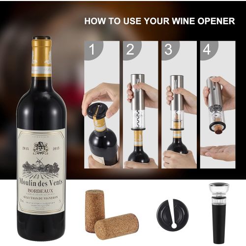  Vzaahu Electric Wine Opener Set - Automatic Wine Bottle Opener w/ Accessories, Screwpull Corkscrew Rechargeable with Foil Cutter Vacuum Stopper USB Charging Cable for Wine Lover