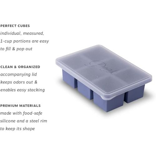  W&P Cup Cubes Silicone Freezer Tray with Lid, Blue, Makes 6 Perfect 1-Cup Portions, Freeze & Store Soup, Broth, Sauce, Leftovers, Dishwasher Safe