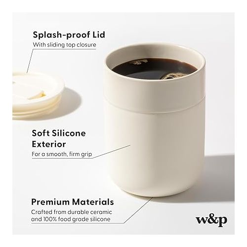  W&P Porter Ceramic Mug w/ Protective Silicone Sleeve, Cream 16 Ounces | On-the-Go | Reusable Cup for Coffee or Tea | Portable | Dishwasher Safe