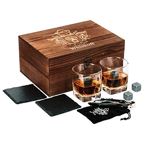  [아마존베스트]W WHISKOFF Square Whiskey Glass Set of 2 - Whiskey Stones Gift Set - Scotch Bourbon Glasses - Whisky Rocks Chilling Stones in Wooden Box - Burbon Gift Set for Dad Husband - Cool Idea for Birt