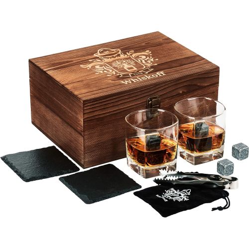  [아마존베스트]W WHISKOFF Square Whiskey Glass Set of 2 - Whiskey Stones Gift Set - Scotch Bourbon Glasses - Whisky Rocks Chilling Stones in Wooden Box - Burbon Gift Set for Dad Husband - Cool Idea for Birt