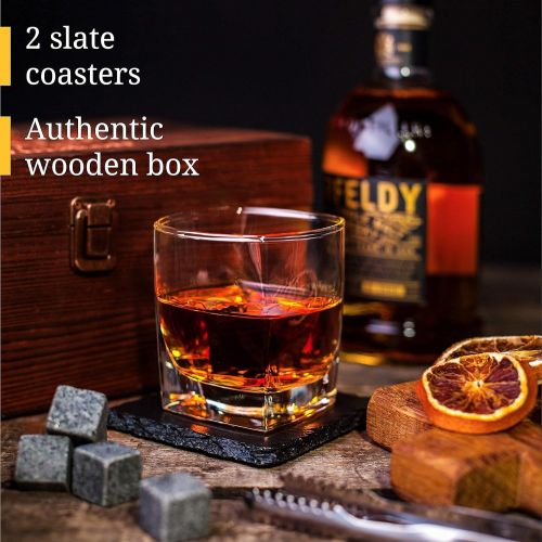  [아마존베스트]W WHISKOFF Square Whiskey Glass Set of 2 - Whiskey Stones Gift Set - Scotch Bourbon Glasses - Whisky Rocks Chilling Stones in Wooden Box - Burbon Gift Set for Dad Husband - Cool Idea for Birt