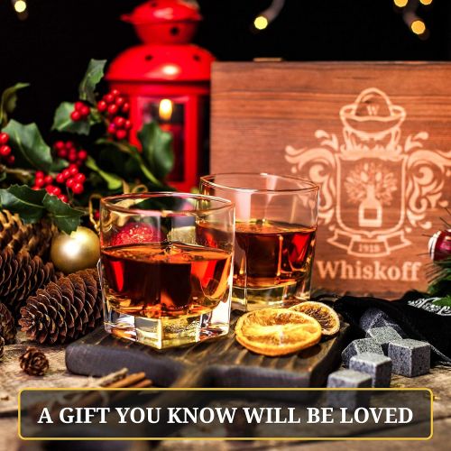  [아마존베스트]W WHISKOFF Square Whiskey Glass Set of 2 - Whiskey Stones Gift Set - Scotch Bourbon Glasses - Whisky Rocks Chilling Stones in Wooden Box - Burbon Gift Set for Dad Husband - Cool Idea for Birt