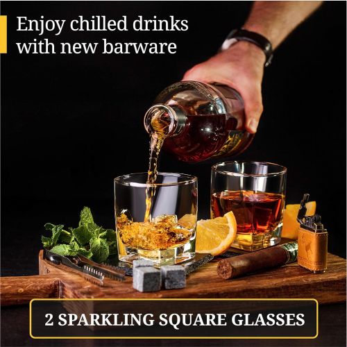  [아마존베스트]W WHISKOFF Square Whiskey Glass Set of 2 - Whiskey Stones Gift Set - Scotch Bourbon Glasses - Whisky Rocks Chilling Stones in Wooden Box - Burbon Gift Set for Dad Husband - Cool Idea for Birt