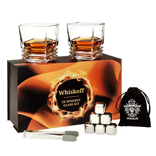  [아마존베스트]W WHISKOFF Whiskey Glass Set - Bourbon Stainless Steel Ice Cubes Set of 6 - Whiskey Scotch Gift Box - Bourbon Glasses Gift Set - Whiskey Metal Cubes Gift Box - Whisky Stone Ice Cubes Set - Bi